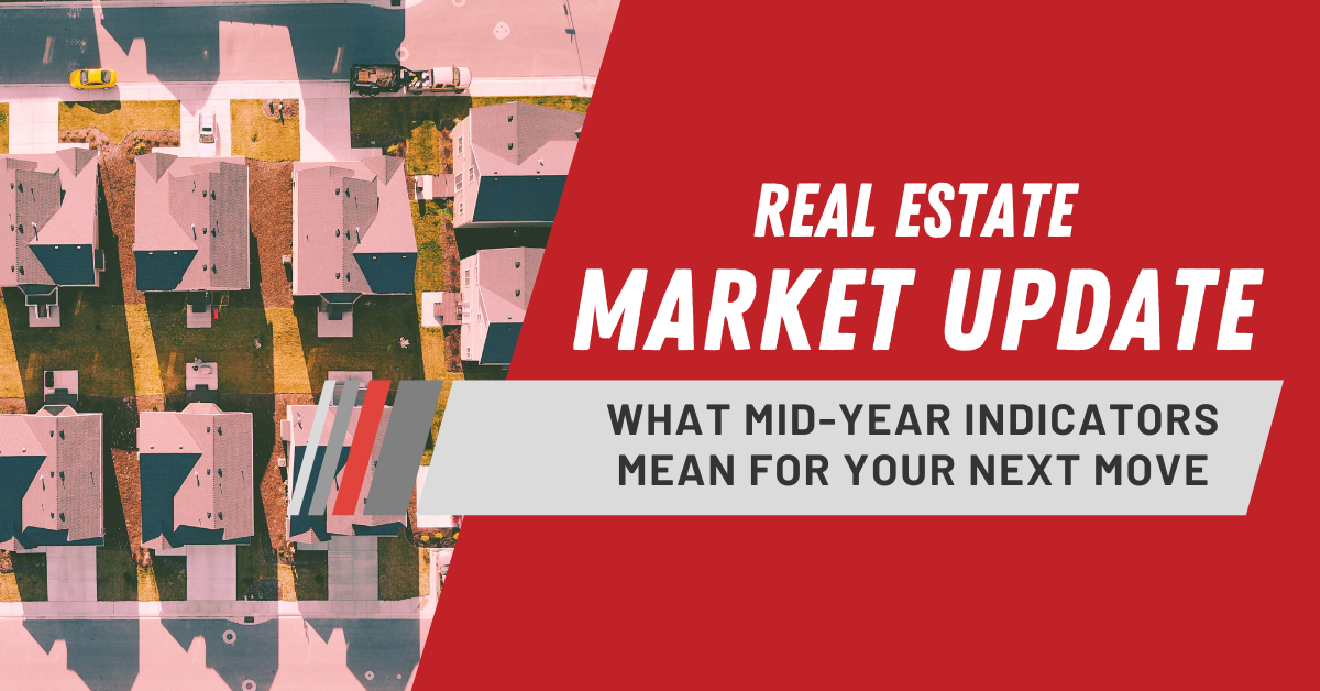 Aerial view of suburban neighborhood with rows of houses and driveways, overlaid with bold red banner reading 'Real Estate Market Update: What Mid-Year Indicators Mean for Your Next Move' – real estate blog graphic July 2025