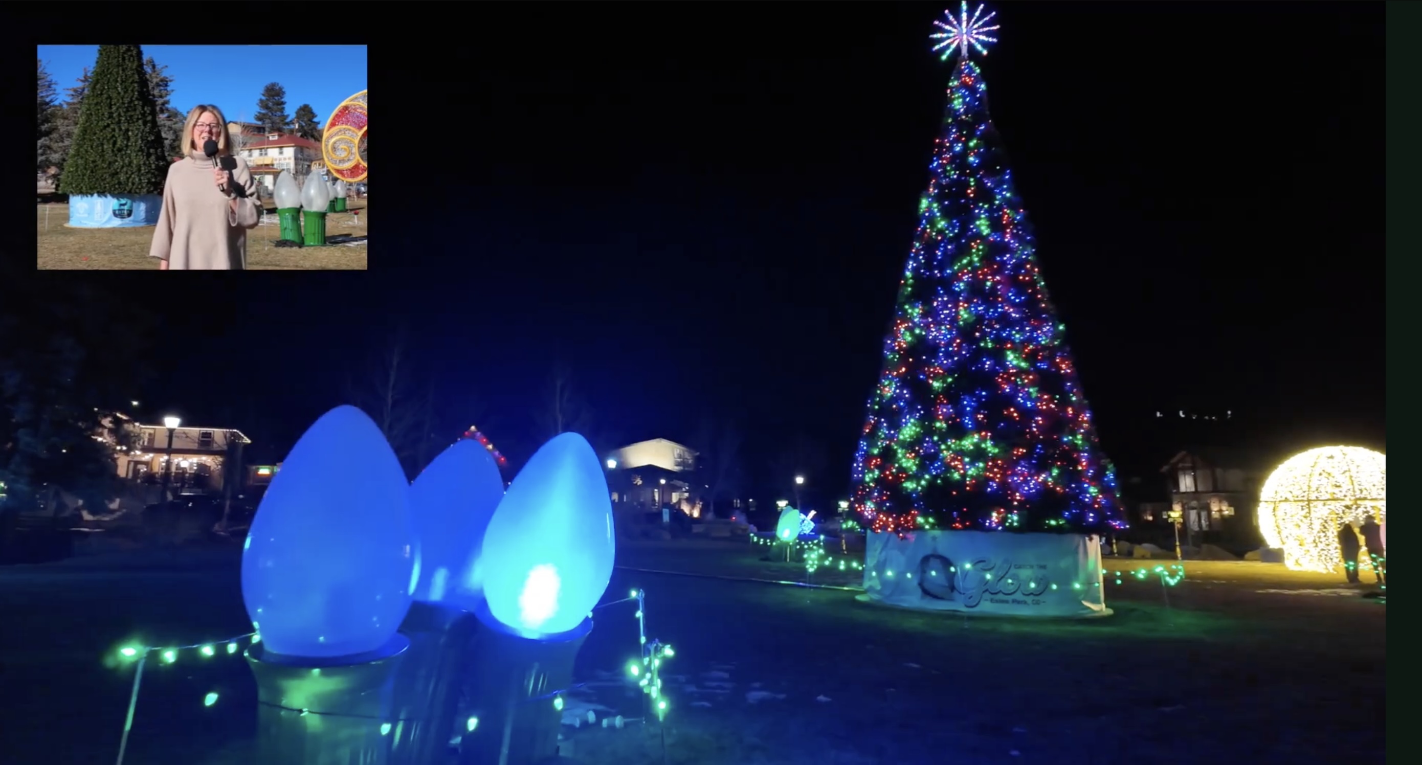 Pixel Pine tree light show illuminating Bond Park during the holiday season in Estes Park, Colorado