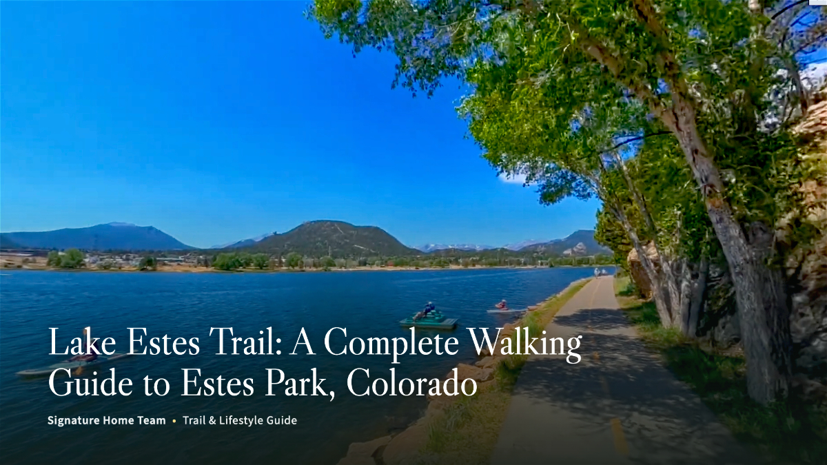 Paved Lake Estes Trail along the water with mountain views in Estes Park, Colorado