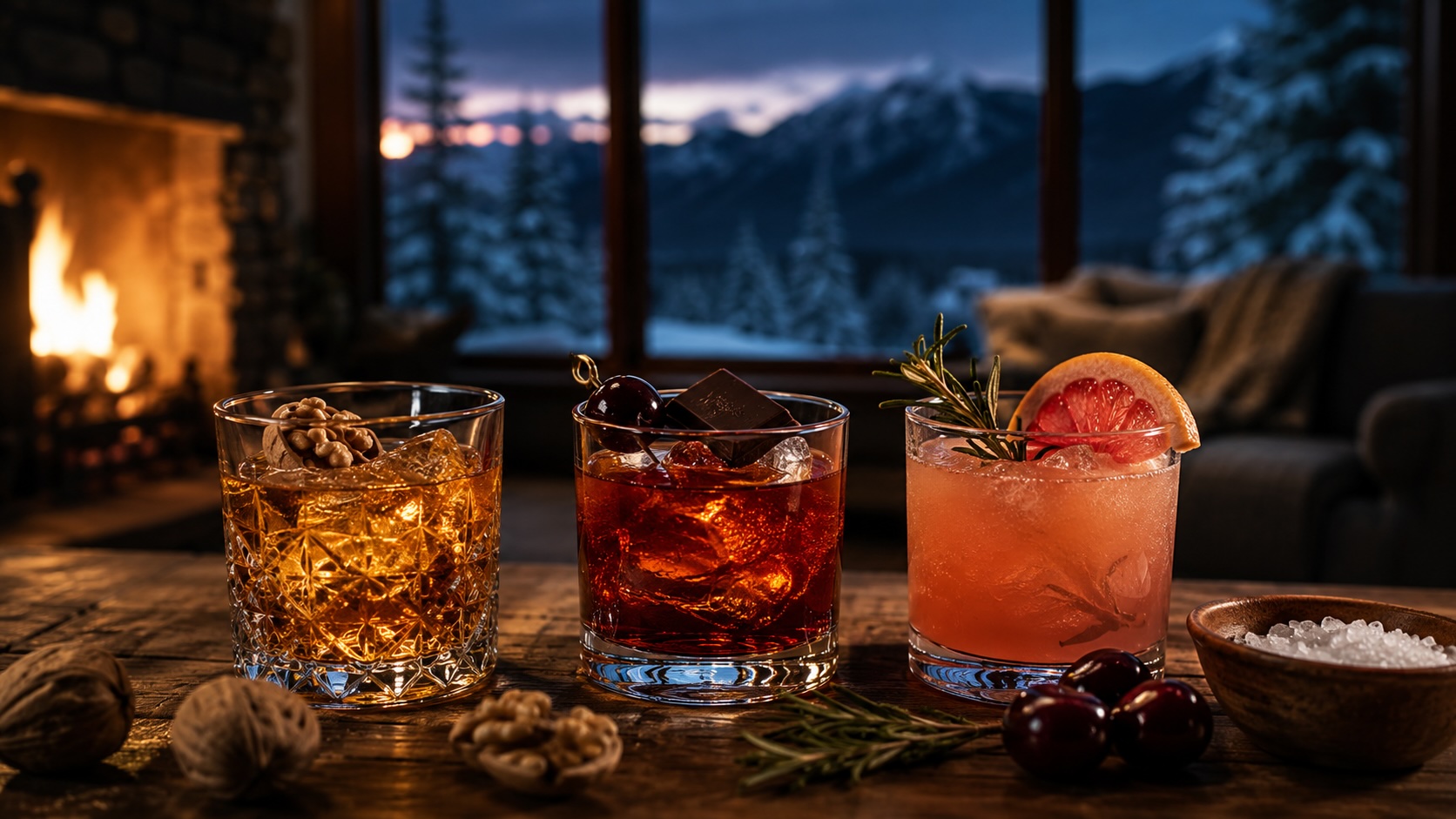   Three holiday cocktails on a wooden table beside a fireplace, with snow-covered pines and mountains visible through the window at dusk