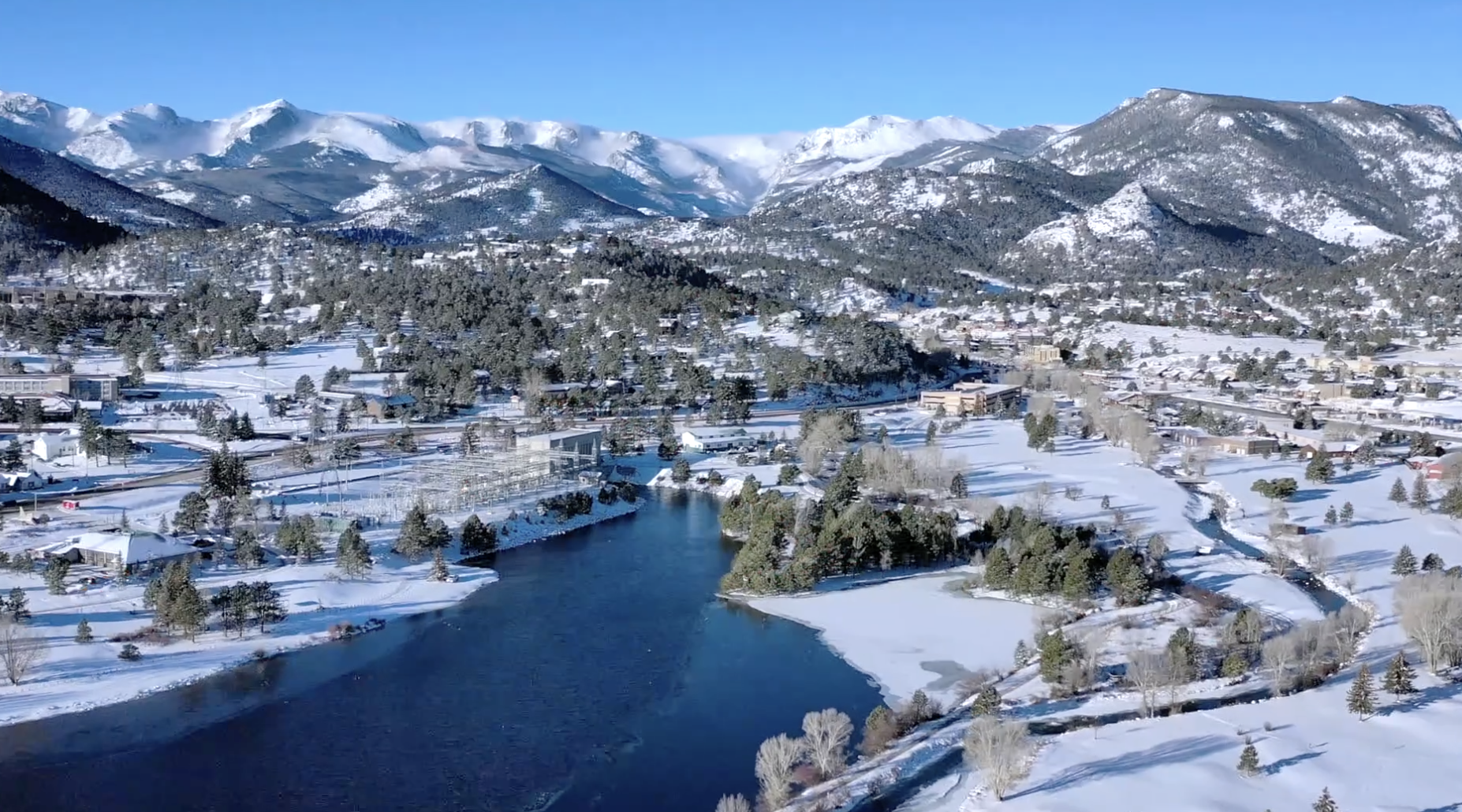 Winter activities in Estes Park Colorado with snow-covered mountains