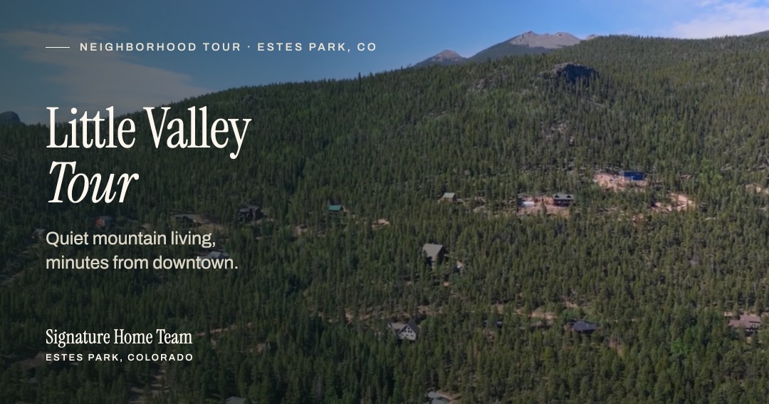 Aerial view of Little Valley neighborhood in Estes Park, Colorado with custom mountain homes on forested 2 to 3 acre lots and peaks in the distance