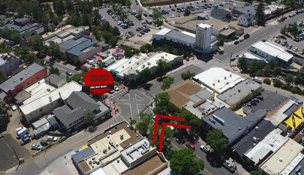 New one-way traffic loop through downtown Estes Park with mountain views