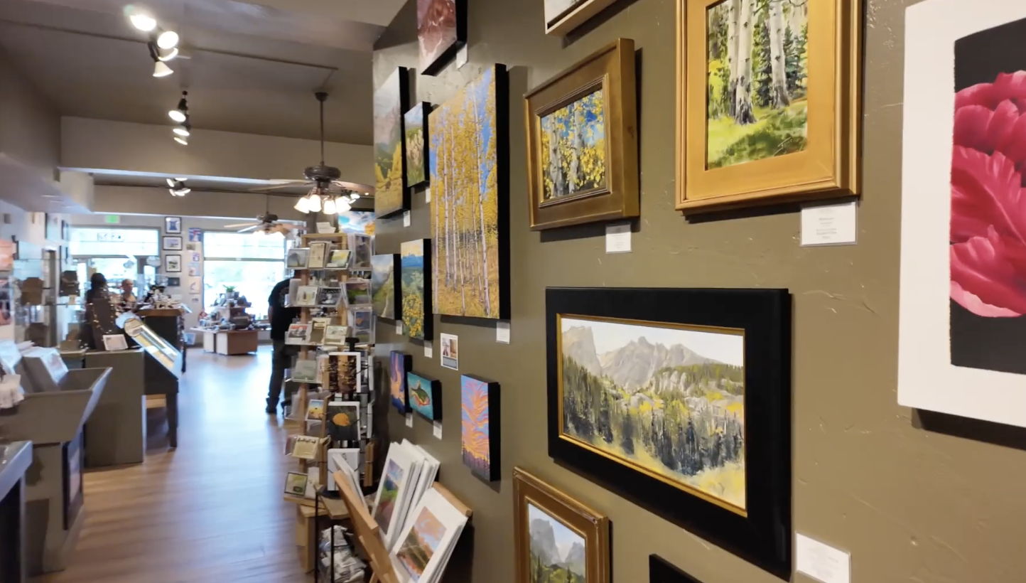 Aspen and Evergreen Art Gallery interior showcasing Colorado artist work in Estes Park