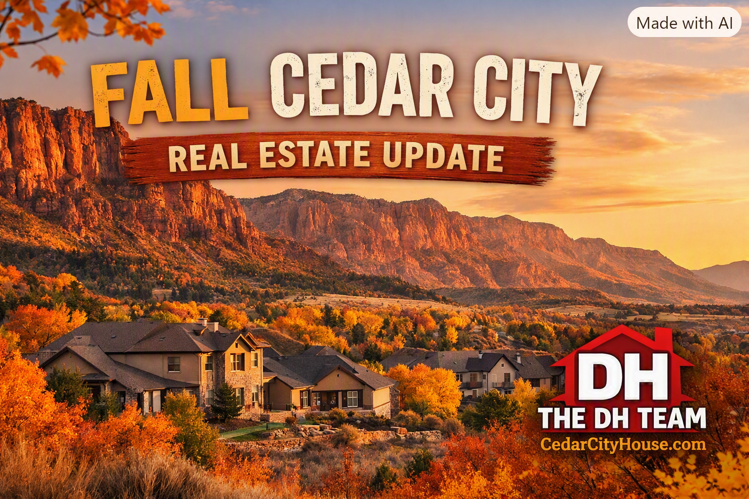 Fall Cedar City real estate header featuring red rock mountains, autumn foliage, and modern homes, branded for The DH Team at CedarCityHouse.com.
