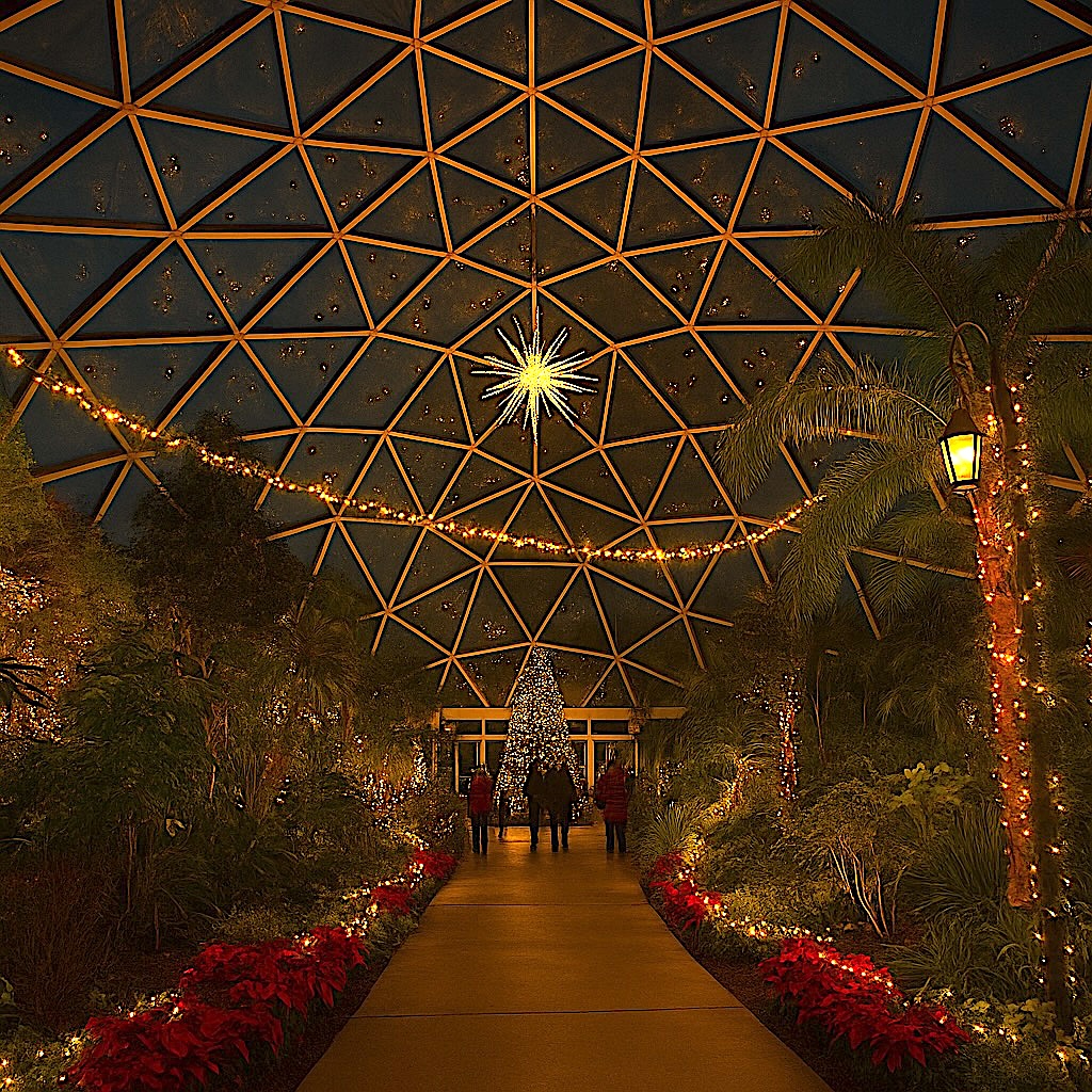 Greater Des Moines Botanical Garden dome glowing with warm holiday lights and tropical plants during the annual Dome for the Holidays celebration.