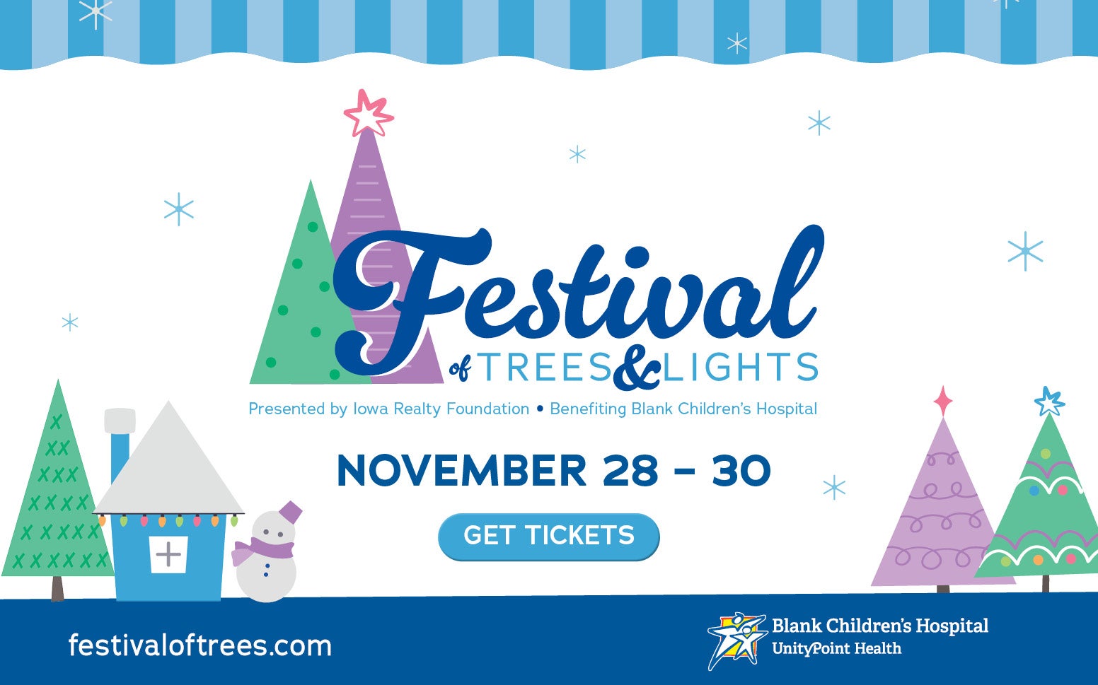 Festival of Trees & Lights at the Iowa Events Center — hundreds of decorated trees, glowing lights, and family fun supporting Blank Children’s Hospital.