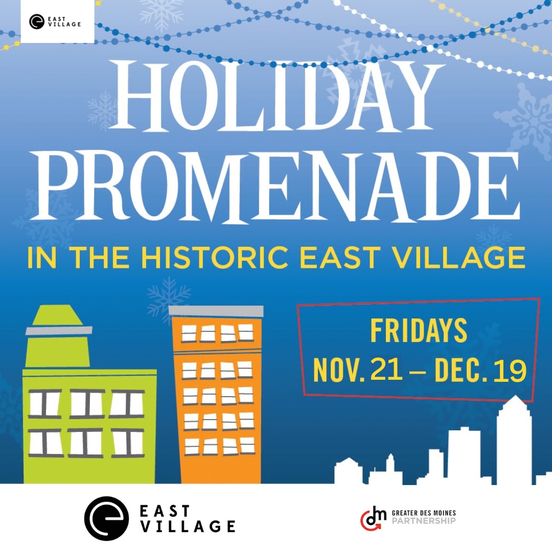 Historic East Village Des Moines lit up for the Holiday Promenade, with shoppers, street musicians, and twinkling storefronts creating the perfect holiday vibe.