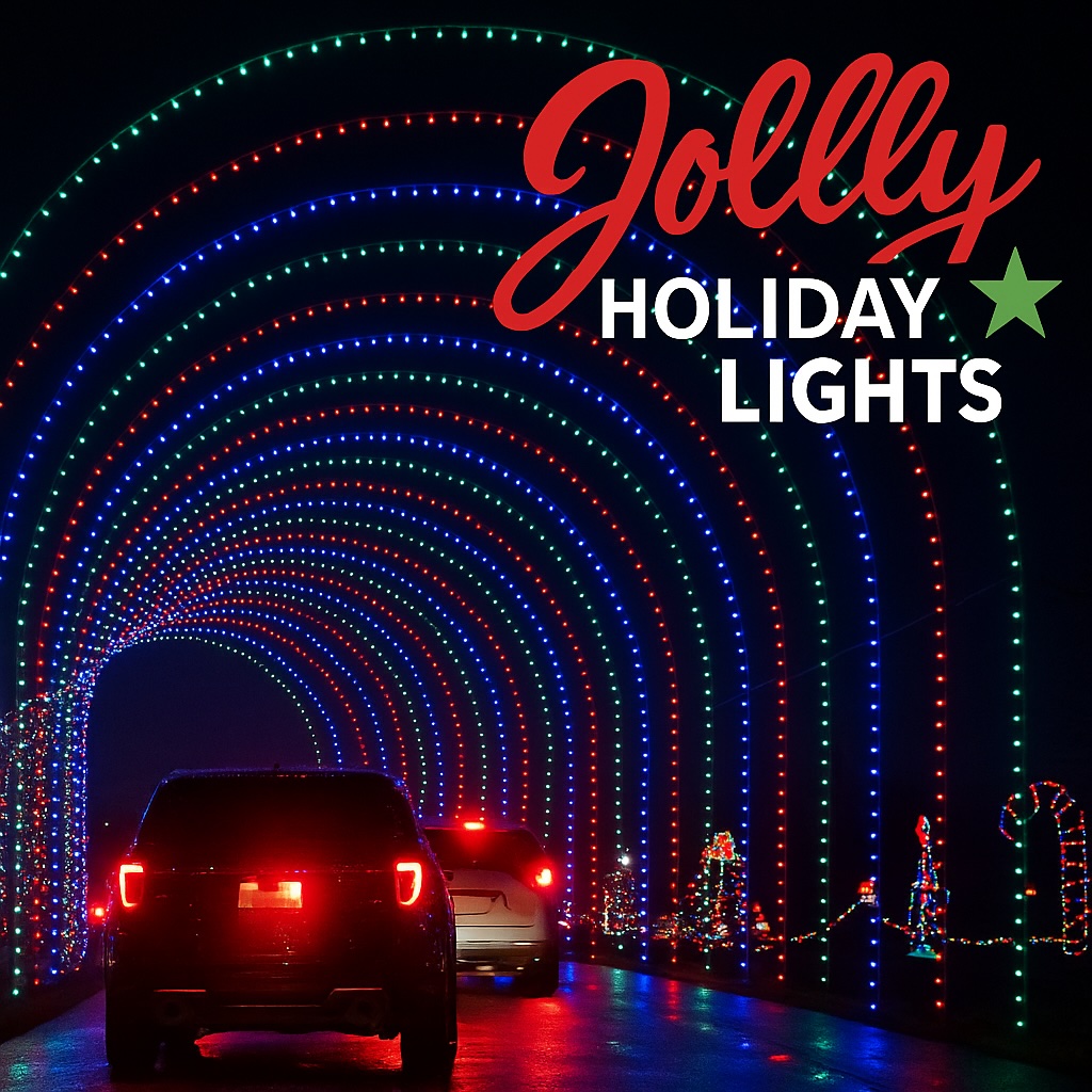 Cars driving through tunnels of colorful lights at Jolly Holiday Lights in Des Moines, a drive-through light show benefiting Make-A-Wish Iowa.