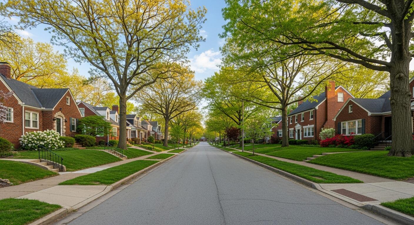 Tree-lined street of brick mid-century homes in Kirkwood, MO on a spring day.
