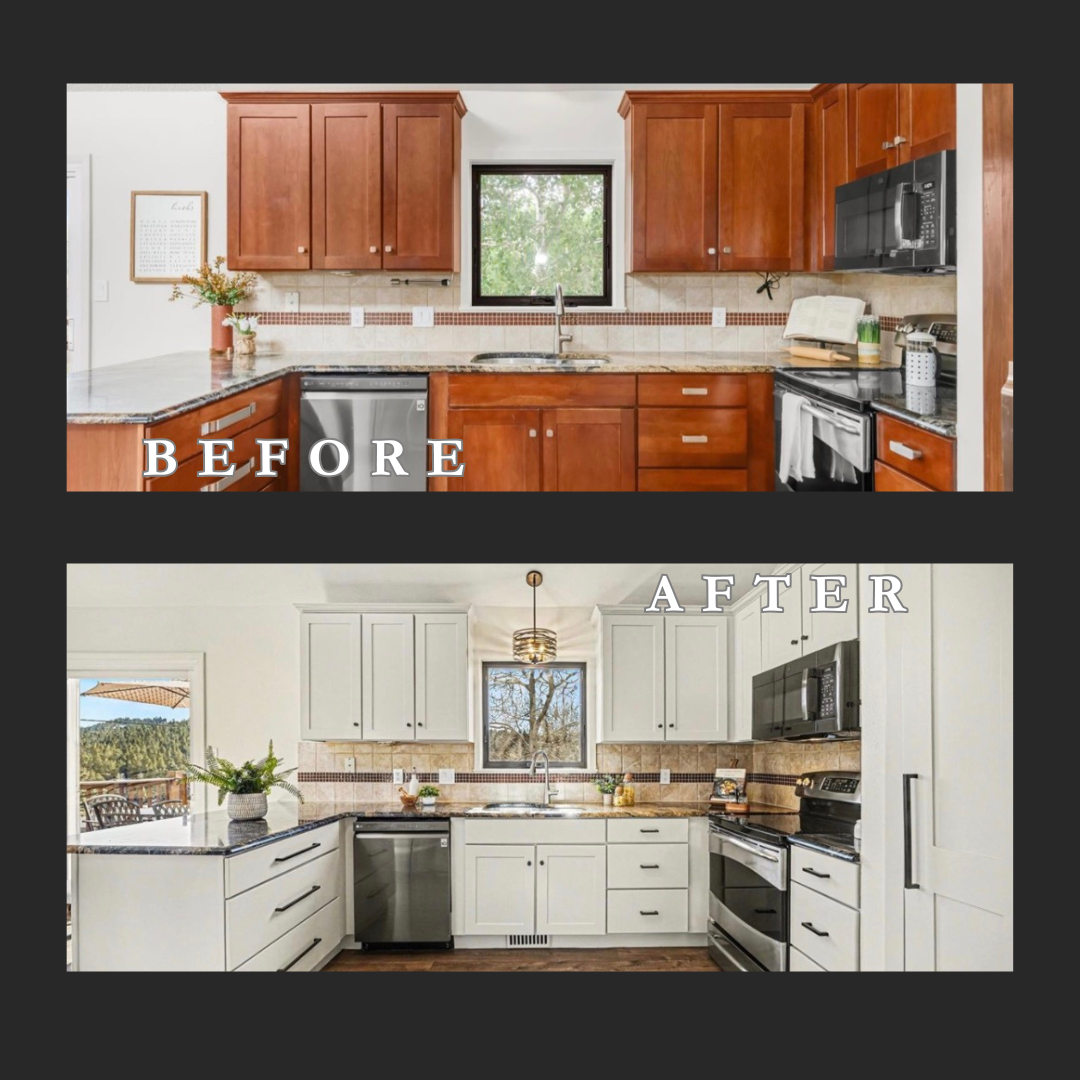 Before and after kitchen remodel showing updated cabinets, countertops, flooring, and finishes