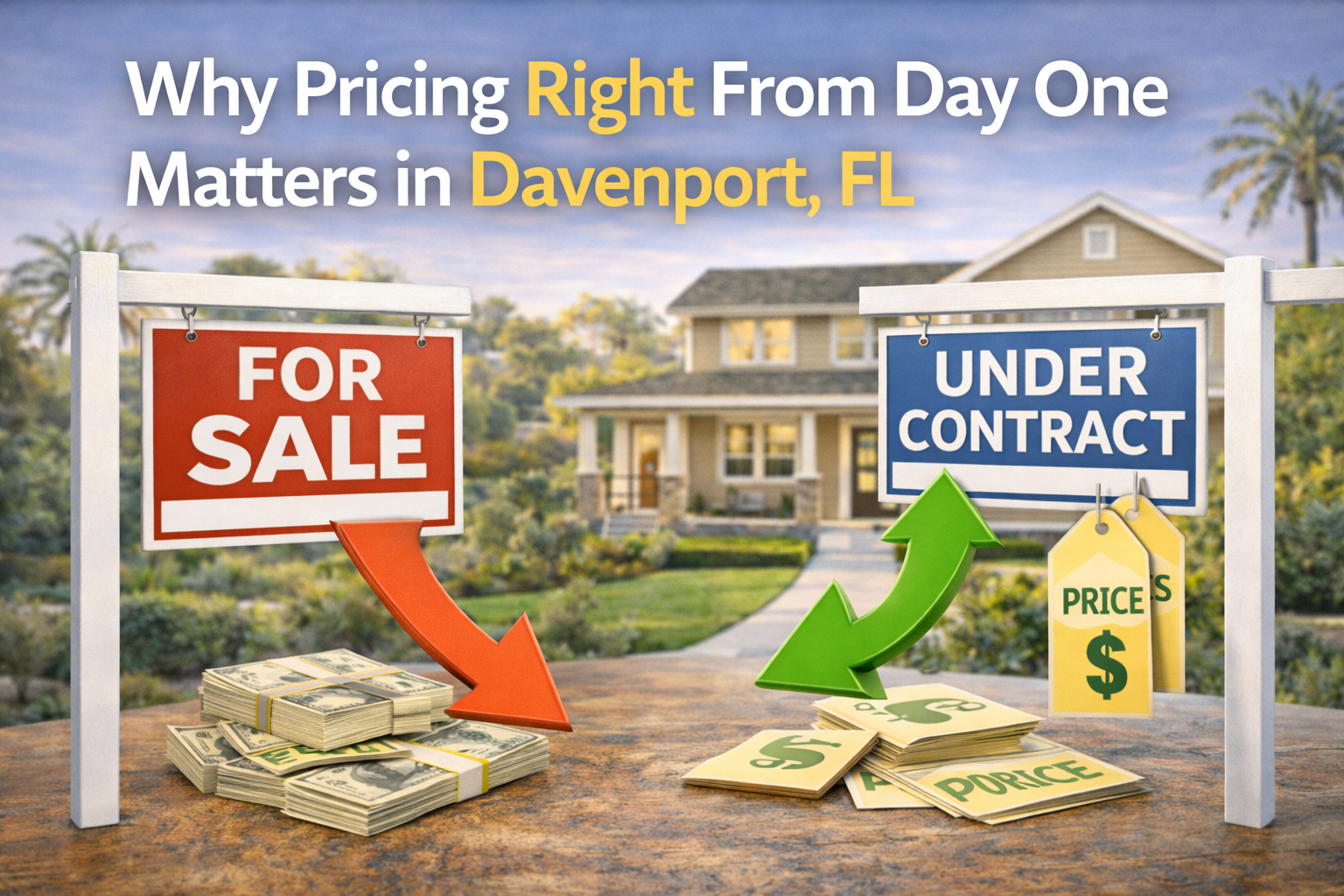 Real estate pricing comparison in Davenport, FL showing a “For Sale” sign with declining price versus an “Under Contract” sign with rising value in front of a Florida home, illustrating why pricing right from day one matters according to a Davenport REALTOR