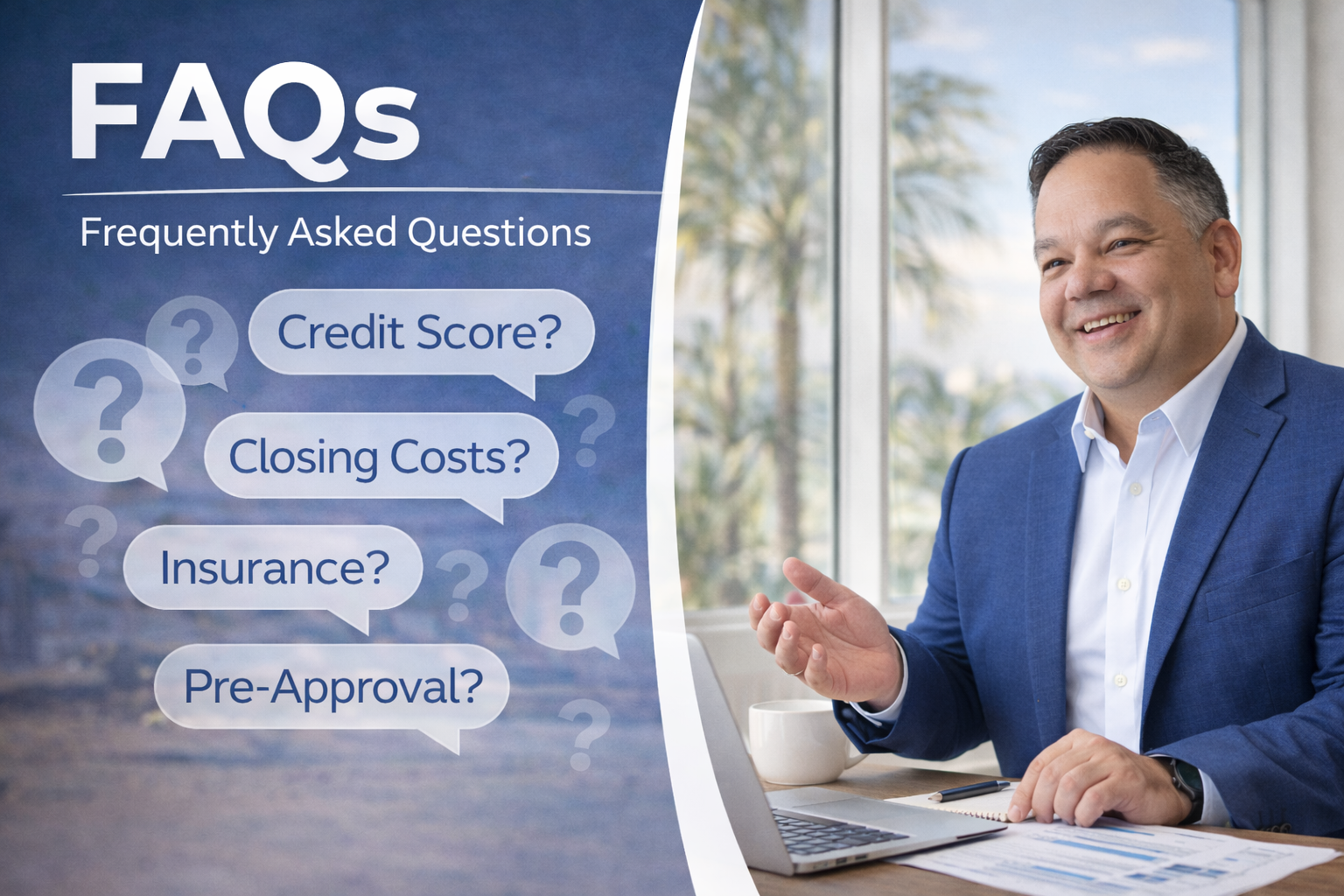 Manny Barrios Davenport FL Realtor in a FAQ page banner featuring frequently asked mortgage questions including credit score, closing costs, insurance, and pre-approval, with a smiling mortgage professional at a desk.