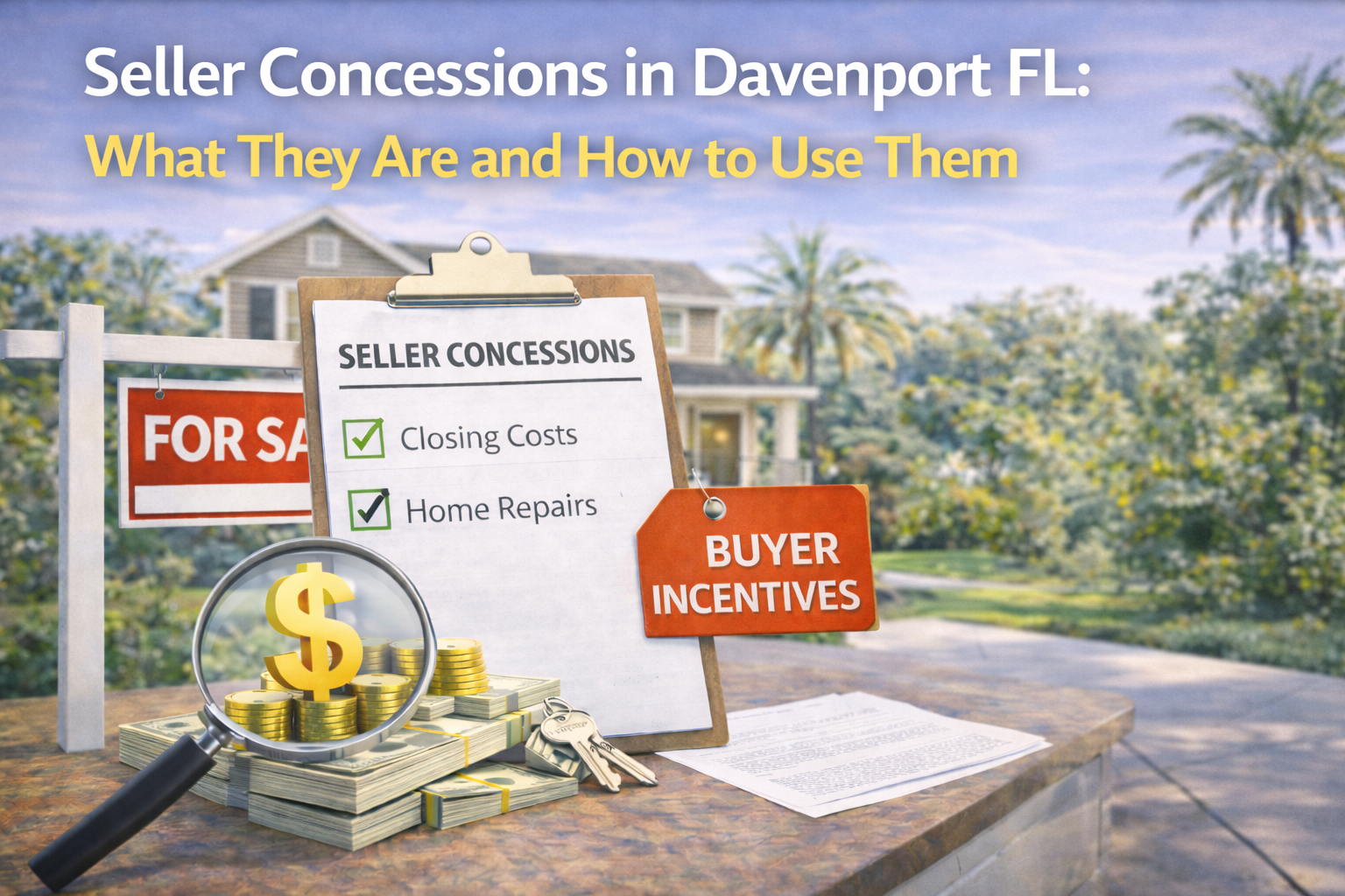Visual illustration explaining seller concessions in Davenport, Florida, featuring a clipboard checklist for closing costs and home repairs with real estate documents, cash, and a suburban home in the background, representing strategies a Davenport REALTOR® may use to help sellers attract buyers and close faster.