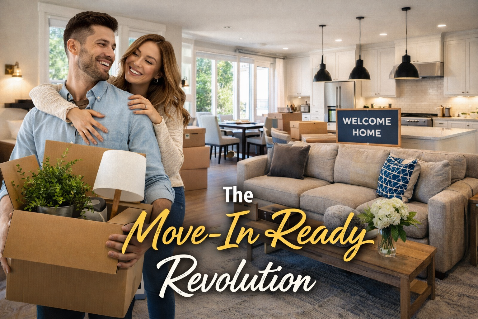 Bright, move-in-ready home interior with a smiling couple carrying moving boxes into a fully furnished living room and modern kitchen, symbolizing the move-in ready home trend and effortless homeownership.