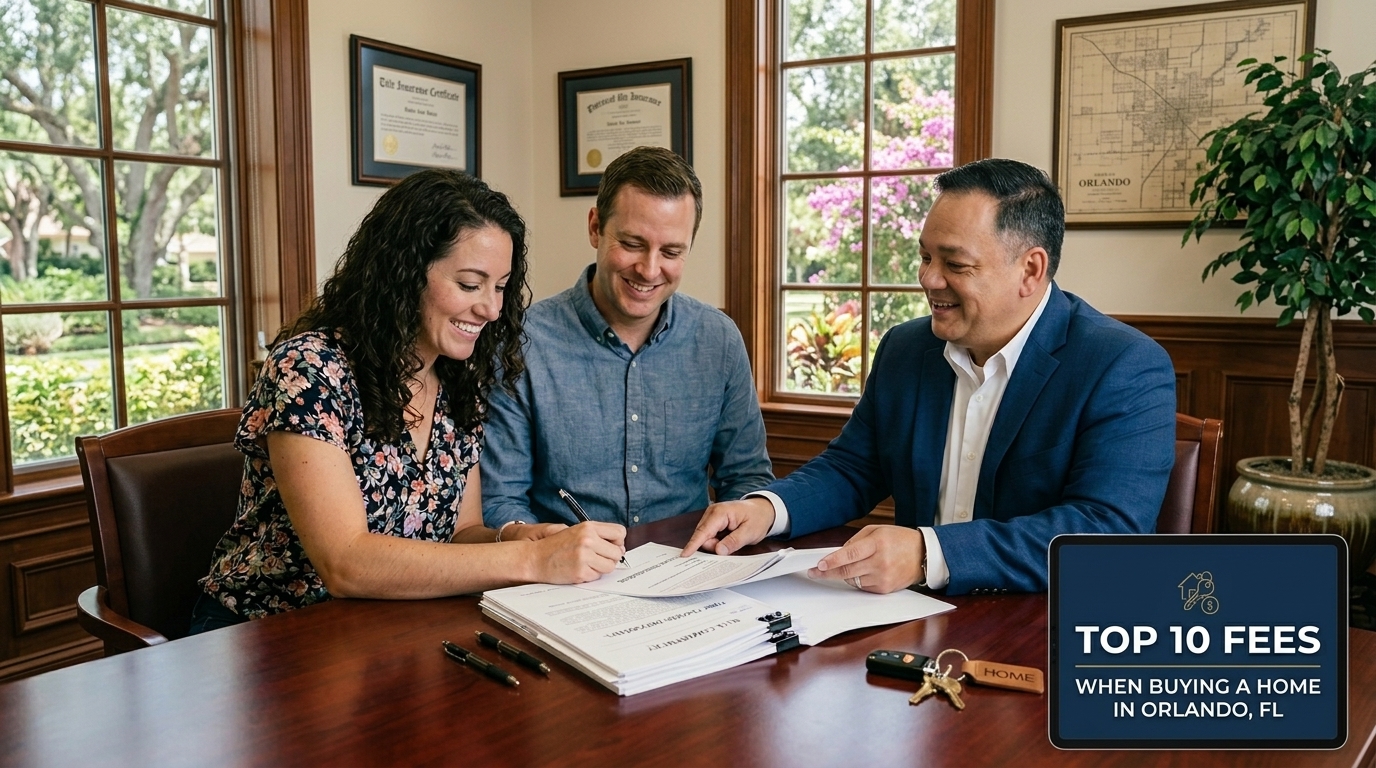 Home buyers signing closing documents with a real estate agent at a title company office in Orlando, Florida, with house keys on the table