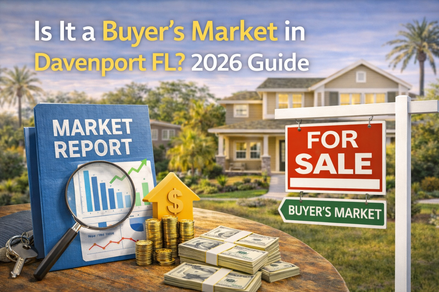 Hyperrealistic blog header image for “Is It a Buyer’s Market in Davenport FL? 2026 Guide” featuring a suburban Davenport home with palm trees in the background, a “For Sale” sign labeled “Buyer’s Market,” stacked cash, gold coins, a magnifying glass over a market report chart, and financial tools on a wooden table — illustrating market analysis by a Davenport REALTOR