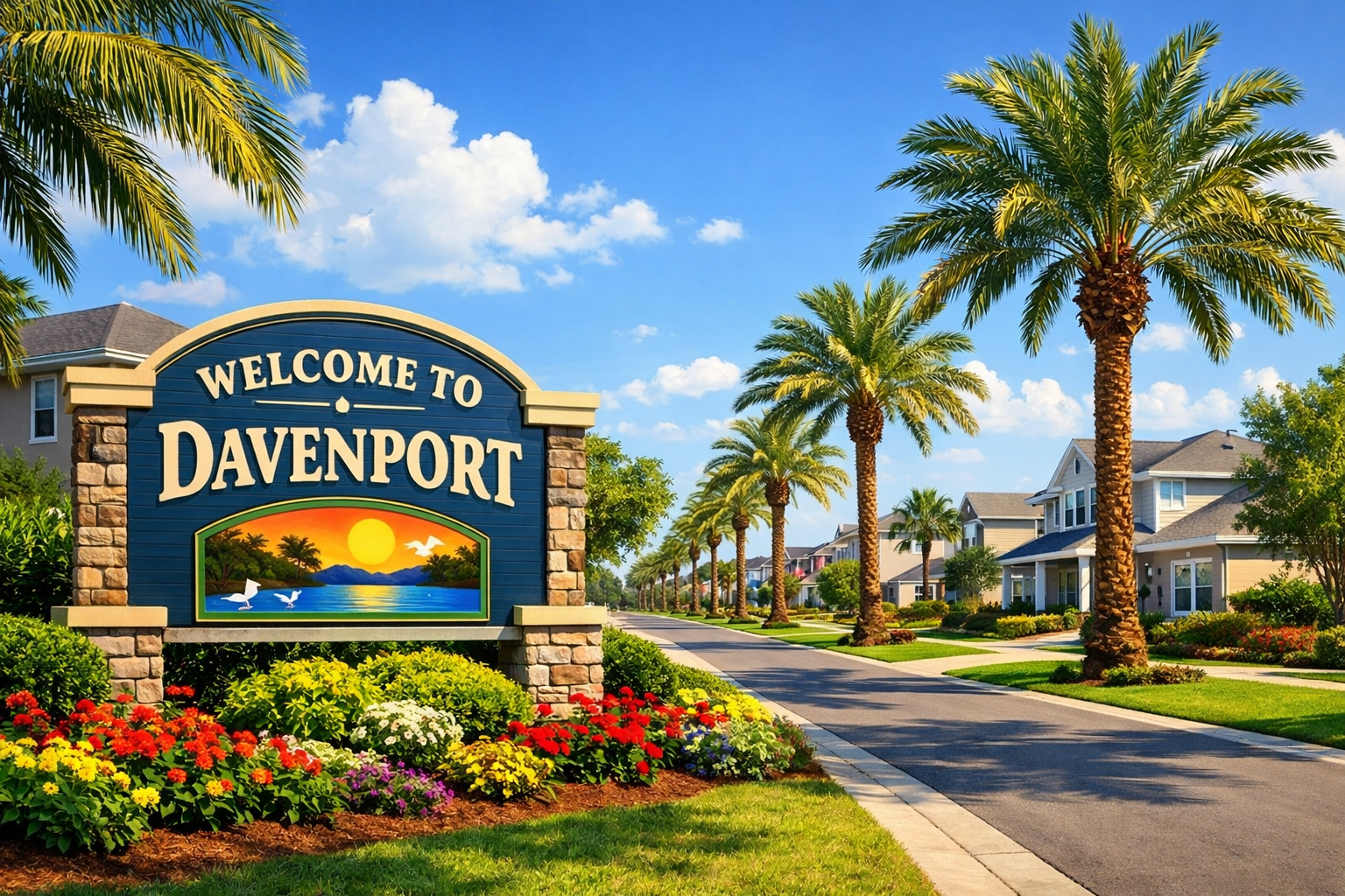 Welcome to Davenport Florida sign with palm trees and residential homes on sunny day