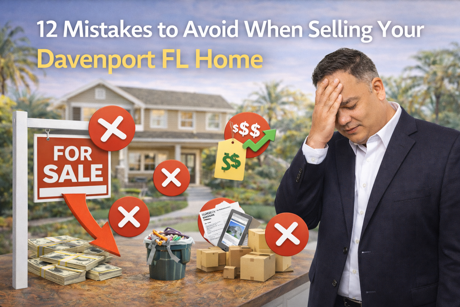 Davenport real estate agent Manny Barrios highlighting selling mistakes with home pricing, staging, and marketing symbols in front of a Davenport Florida property.