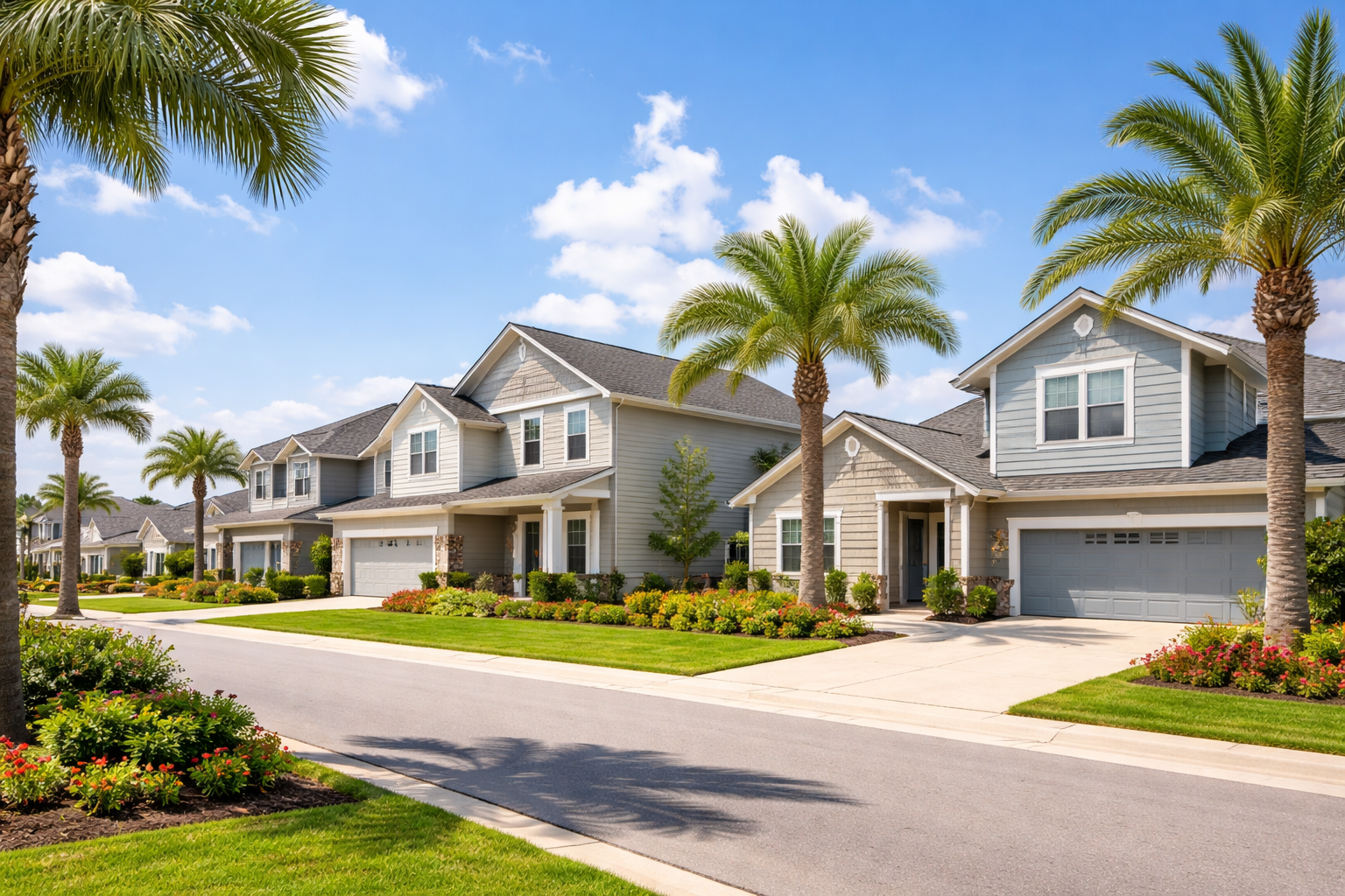 First-time home buyer neighborhood in Davenport Florida with modern homes and palm trees