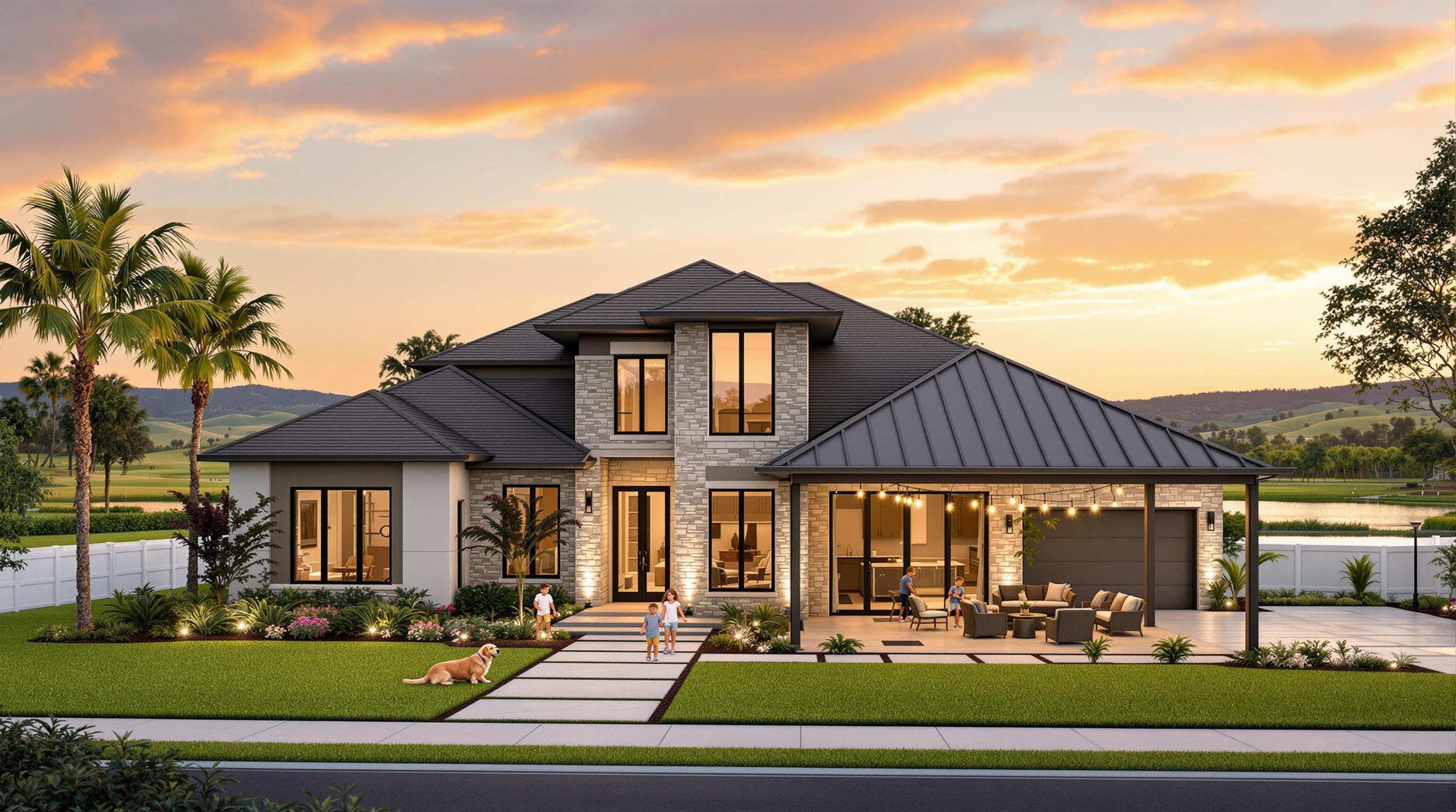 Home tour exterior view of modern house in Davenport Florida with palm trees and landscaping