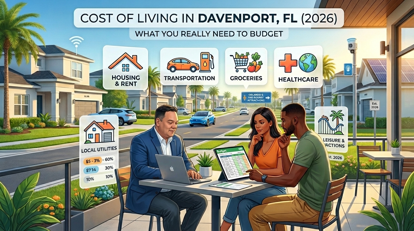 Real estate agent meeting with buyers outdoors in a Davenport FL neighborhood to review cost of living budget covering housing, transportation, groceries, healthcare, utilities, and leisure in 2026