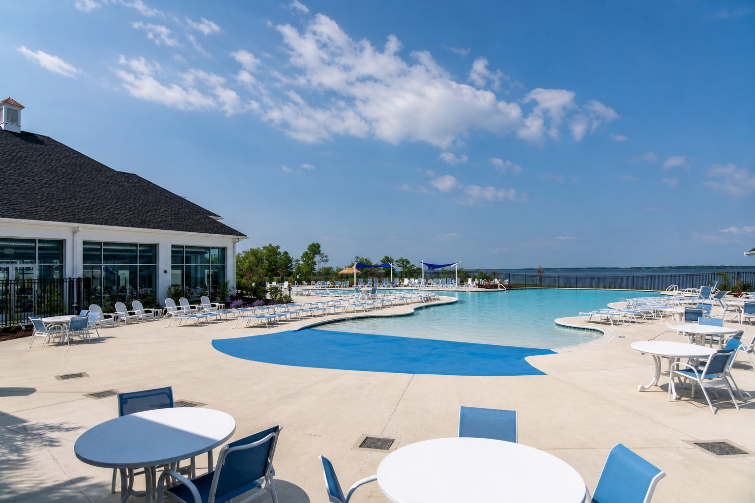 Outdoor beach-entry pool overlooking the Chester River on Kent Island
