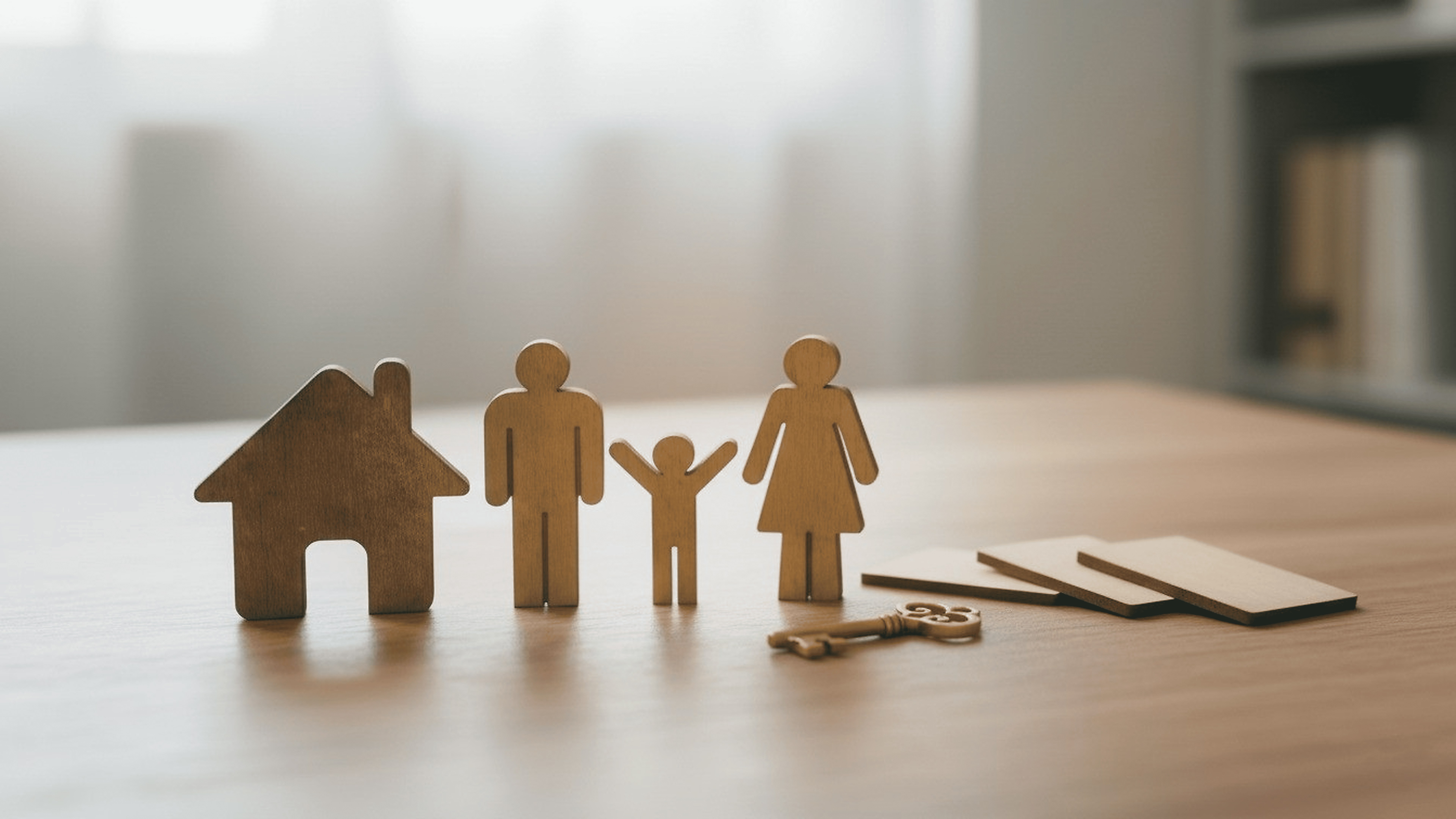 wooden cutout of family on a table with a house and keys