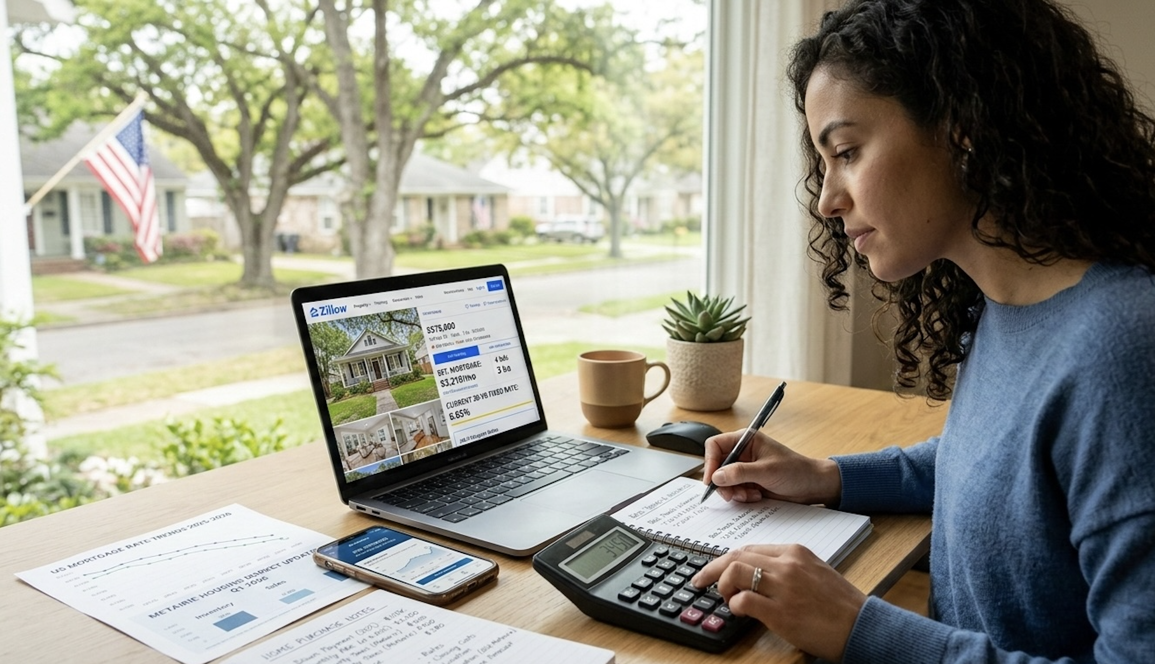 Homebuyer calculating monthly mortgage payments based on 2026 interest rate forecasts and current property taxes