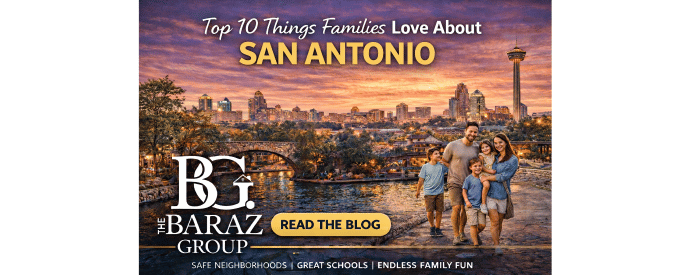 Scenic view of the San Antonio River Walk at sunset wuth a family.