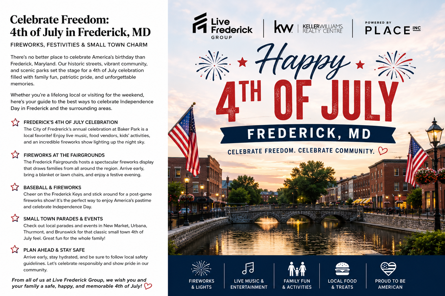 A patriotic view of Downtown Frederick, Maryland featuring Carroll Creek, American flags, and festive Fourth of July fireworks promoting Independence Day celebrations in Frederick County.