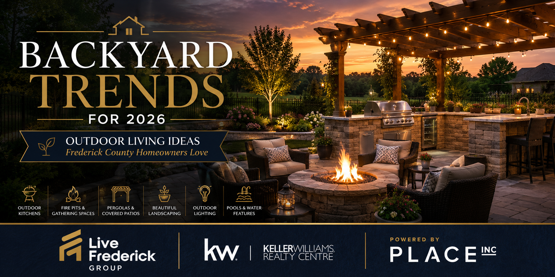 Luxury backyard featuring an outdoor kitchen, fire pit, pergola, landscaping, and entertaining space, showcasing popular backyard trends for Frederick County homeowners in 2026.