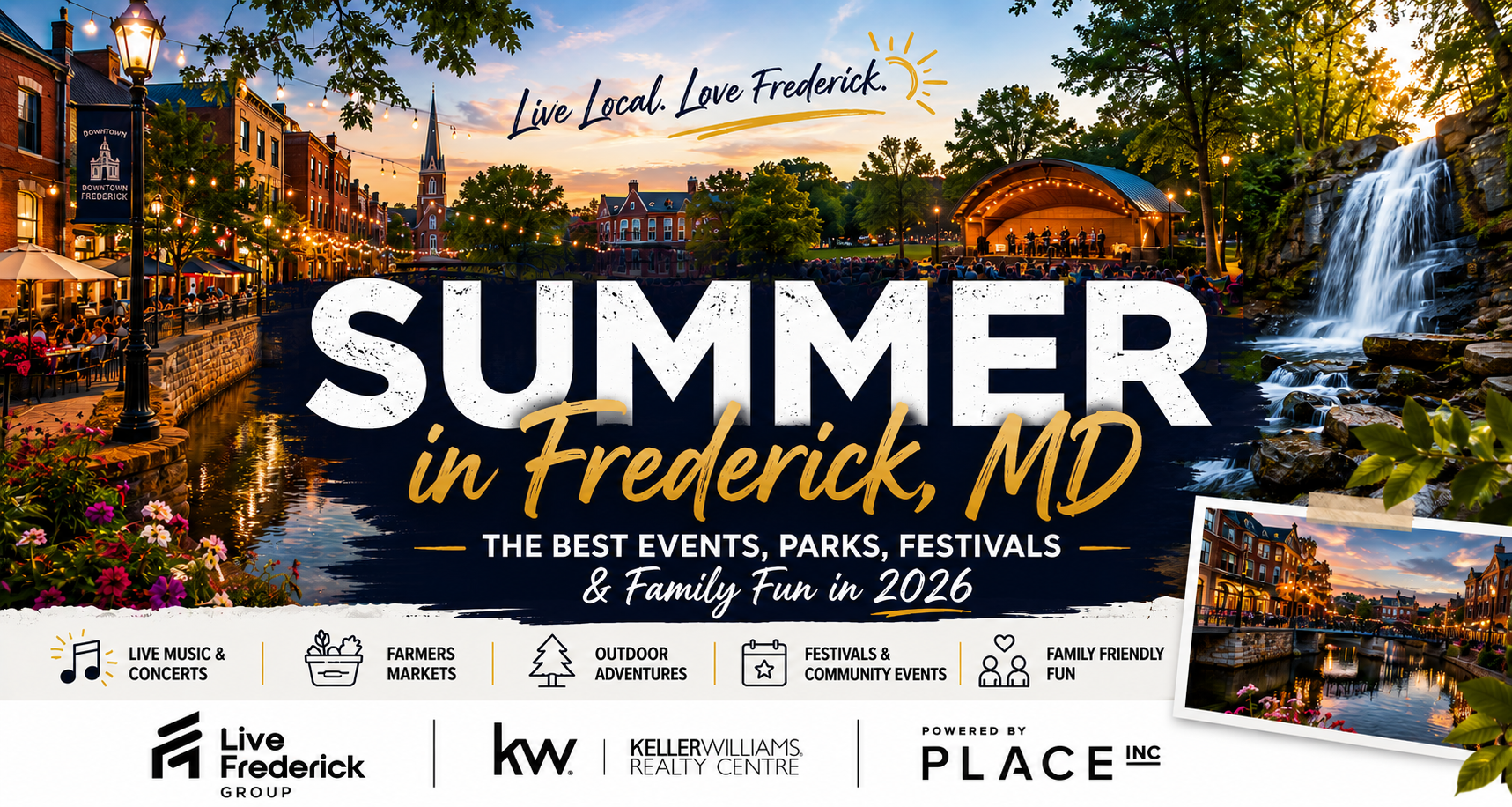 Summer activities in Frederick, MD featuring Carroll Creek, Baker Park concerts, Downtown Frederick dining, and Cunningham Falls State Park