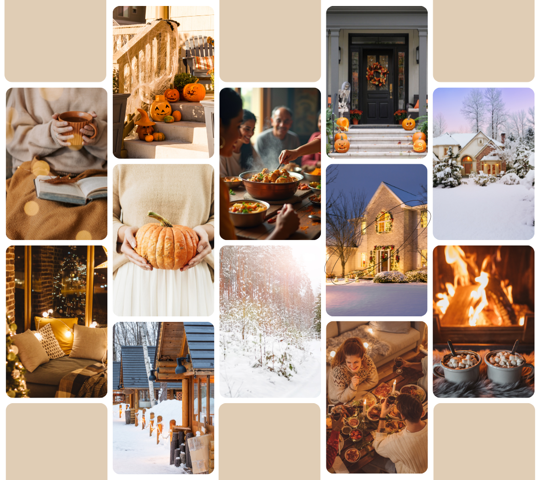 Collage of images showing autumn and winter themes like holiday lights, cozy home decor, and group gatherings