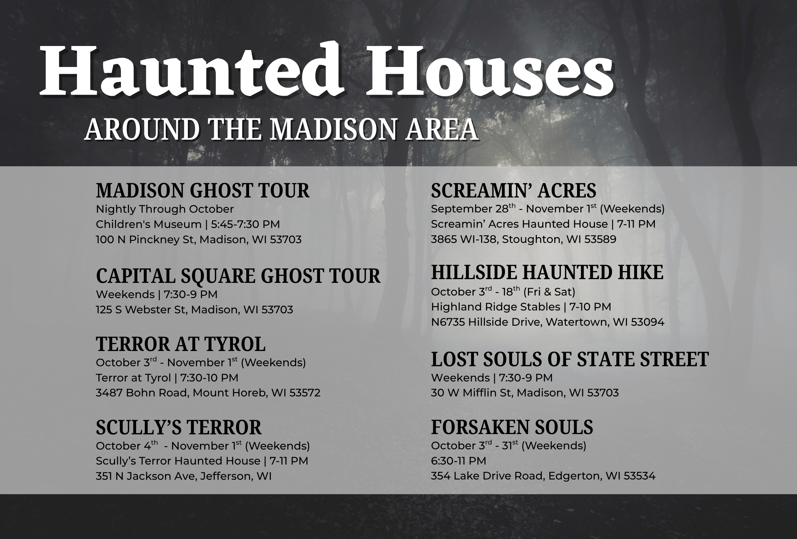 Graphic of 2025 Haunted Houses in the Greater Madison Area