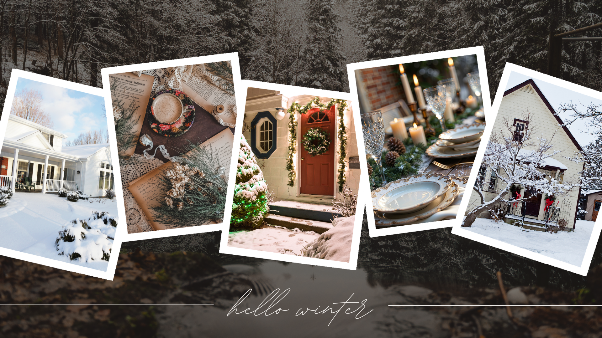 Collage of winter-themed interior and exterior photos of homes