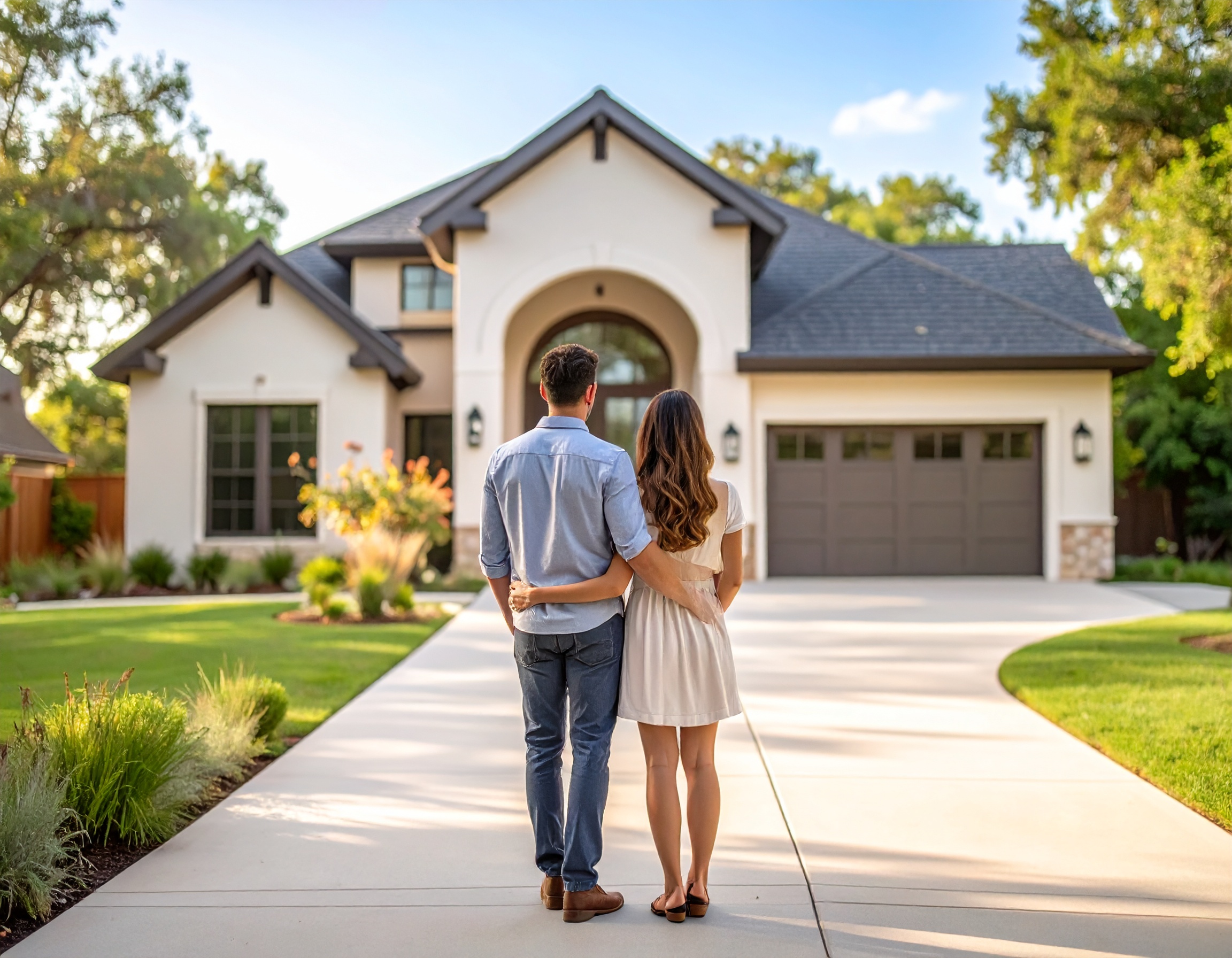 Couple standing together in front of a single-story home in Boerne, Texas, representing today’s buyer’s market.