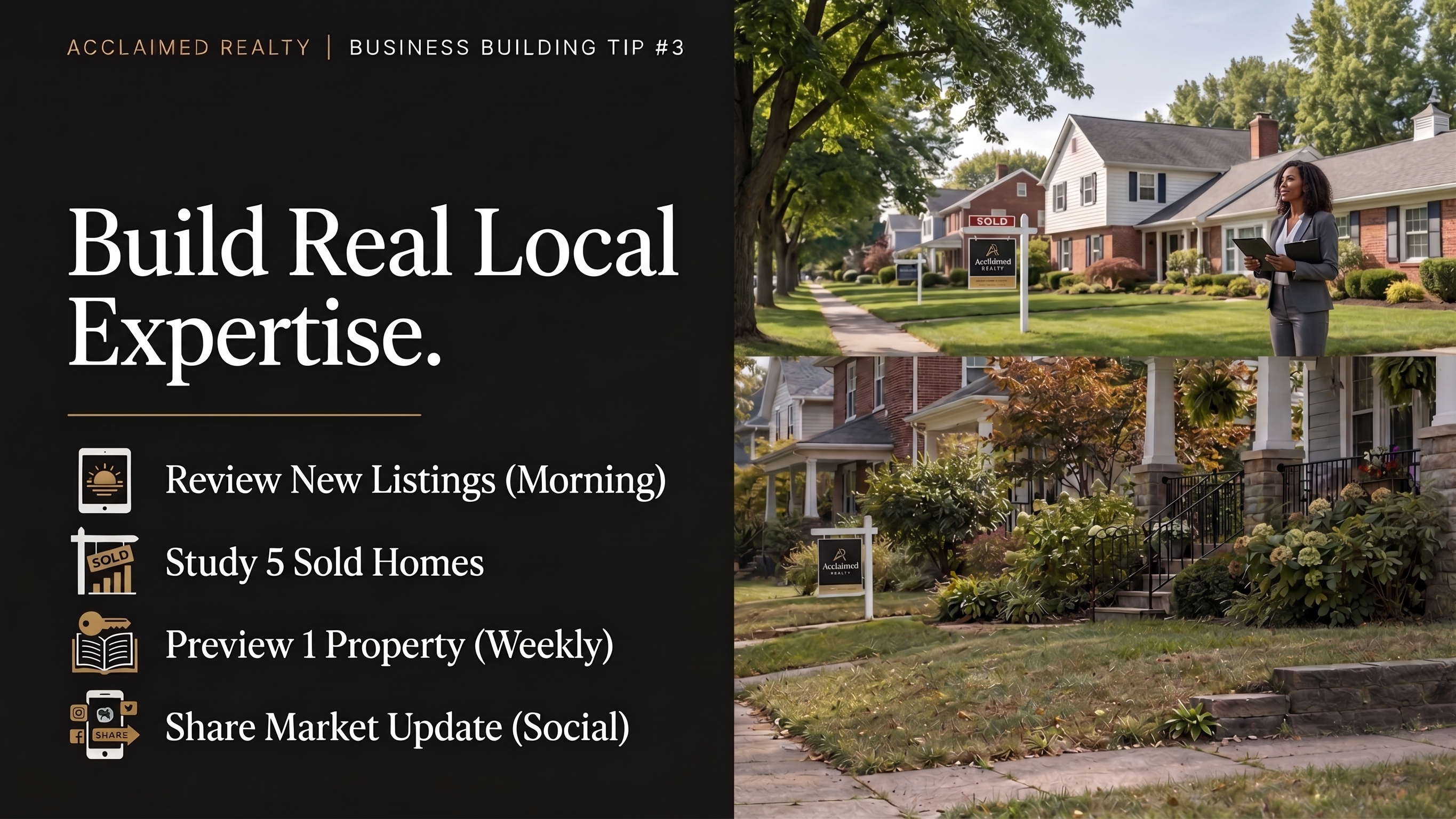 Acclaimed Realty Business Building Tip #3 flyer about becoming a local market expert, featuring colorful sticky notes and action steps for agents.