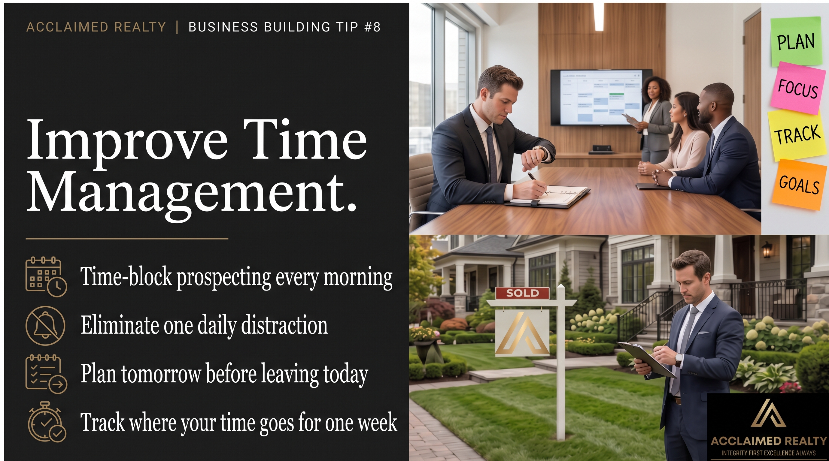 Acclaimed Realty Weekly Business Building Tip #8 infographic featuring time management strategies for real estate agents, including daily prospecting, eliminating distractions, planning ahead, and tracking time to improve productivity and increase appointments and closings.