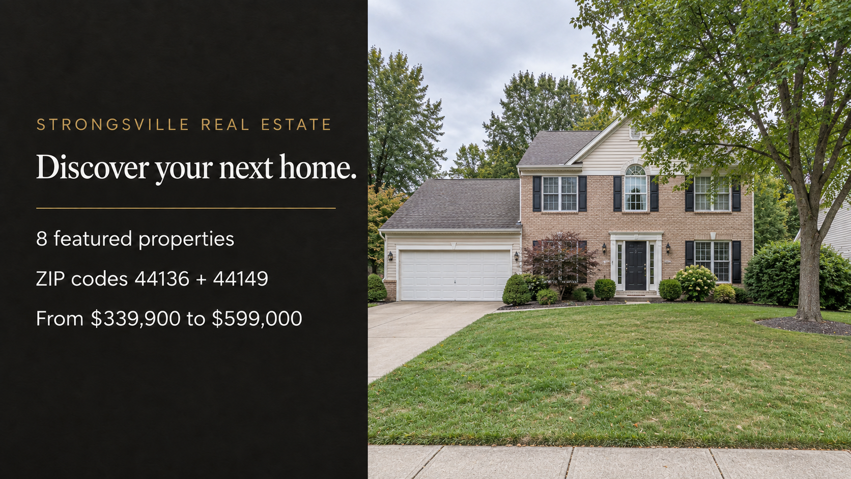 Grid showcasing eight new single-family home listings in Strongsville, Ohio by REALTOR Nicolas Reyes of Acclaimed Realty, ranging in price from $339,900 to $599,000.