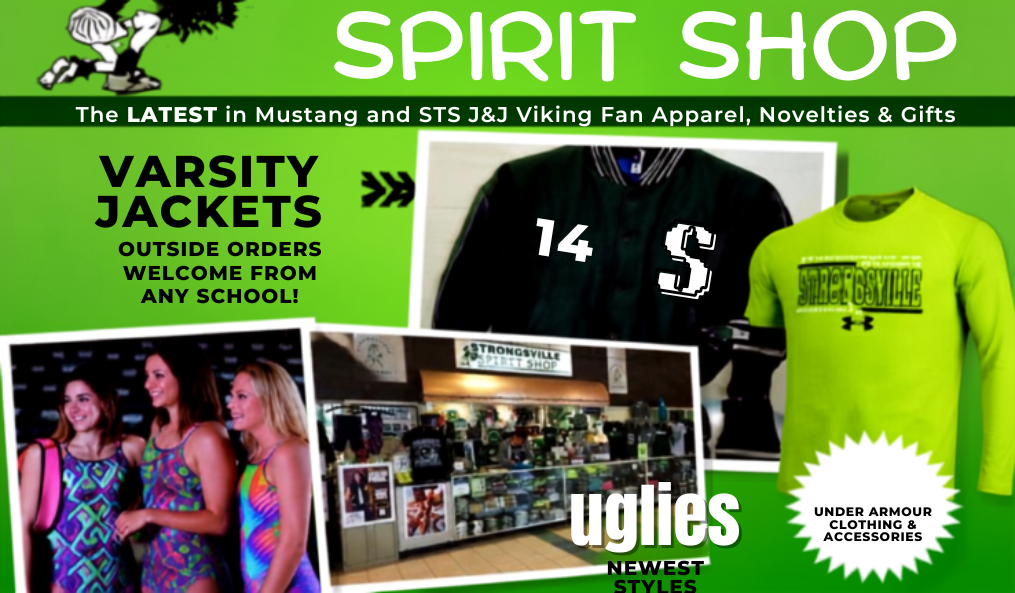 Acclaimed Realty business spotlight feature flyer for Strongsville Spirit Shop detailing local Mustang gear, custom apparel services, and contact info in Strongsville, Ohio.