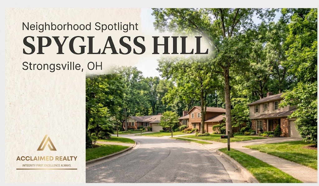 Spyglass Hill neighborhood in Strongsville, Ohio, featuring established single-family homes, residential streets, mature landscaping, and Acclaimed Realty branding.