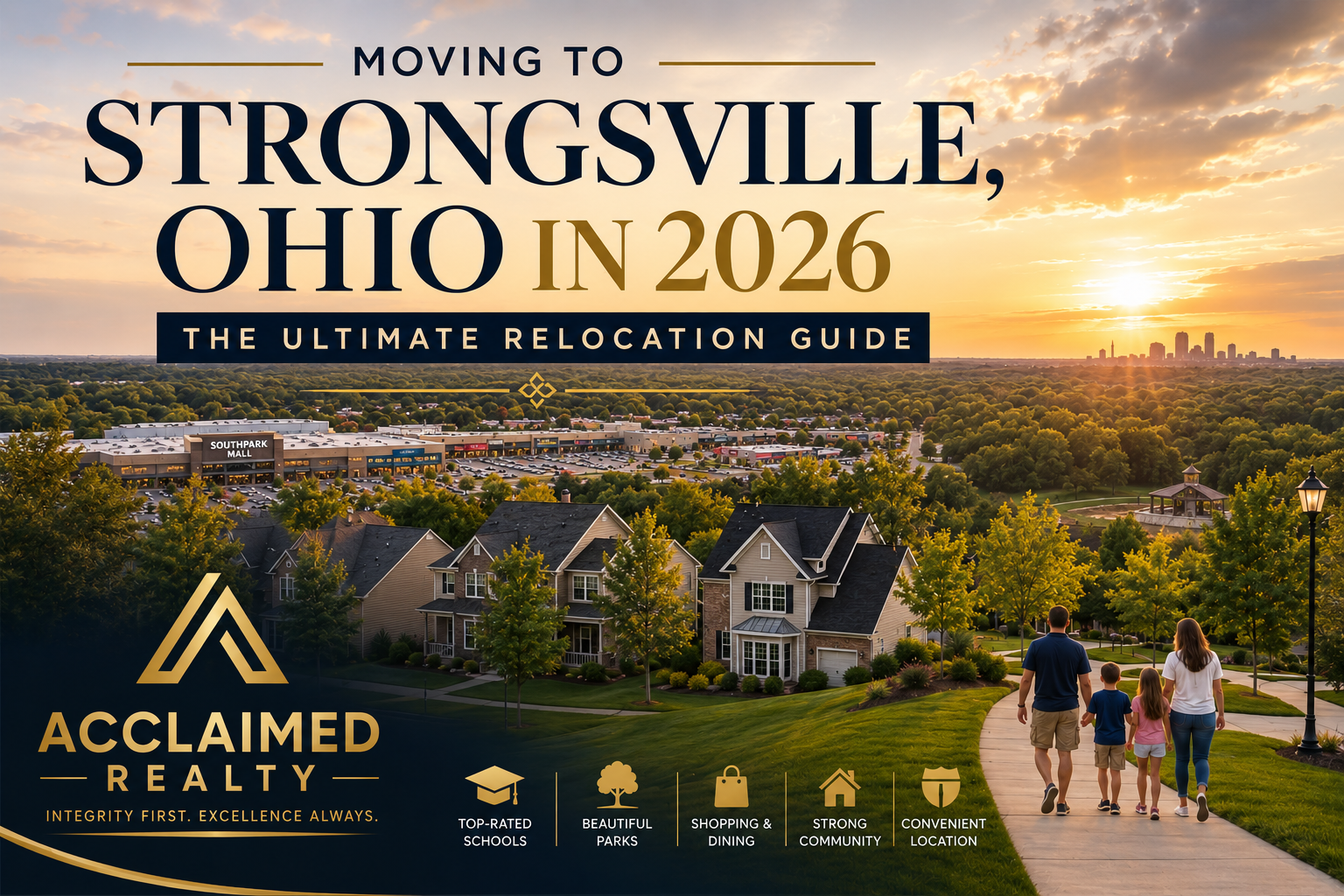 Moving to Strongsville, Ohio in 2026 Ultimate Relocation Guide featuring a scenic view of Strongsville neighborhoods at sunset with SouthPark Mall, family-friendly community, and Acclaimed Realty branding.