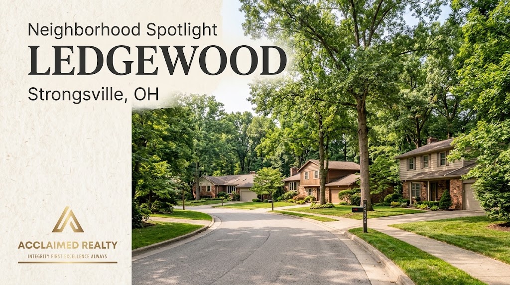 Neighborhood Spotlight banner for Ledgewood in Strongsville, Ohio featuring suburban homes along a tree-lined residential street.
