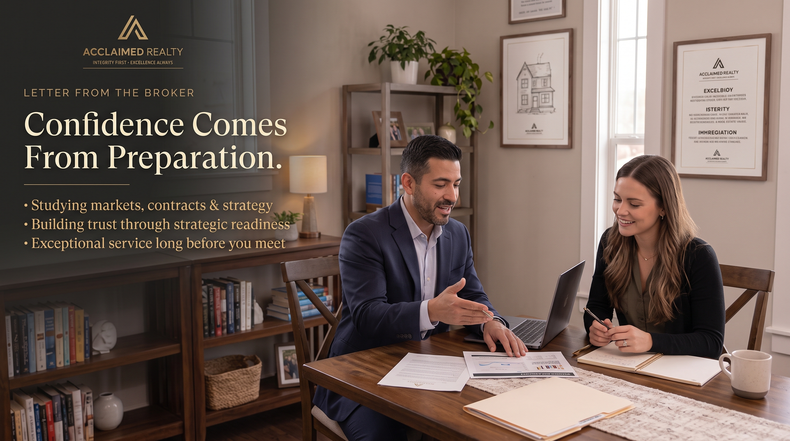 Acclaimed Realty Letter From the Broker featuring Nick Reyes's message about preparation, confidence, professionalism, and excellence in real estate.