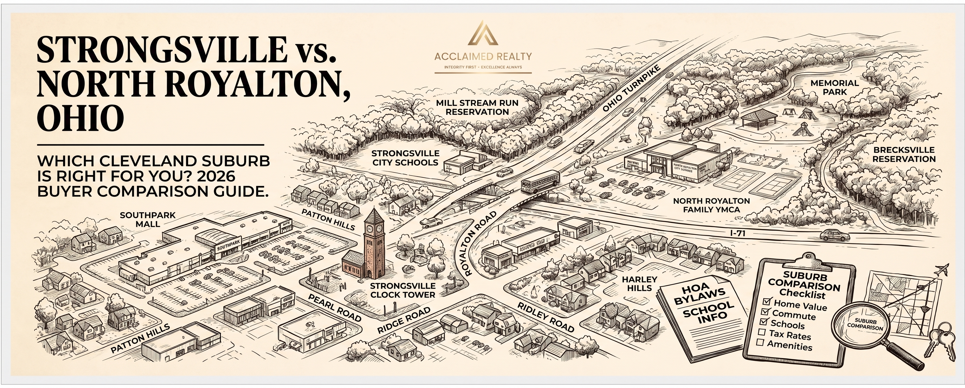 Strongsville vs. North Royalton Ohio real estate comparison featuring suburban homes, neighborhood amenities, and Cleveland-area home-buying options.