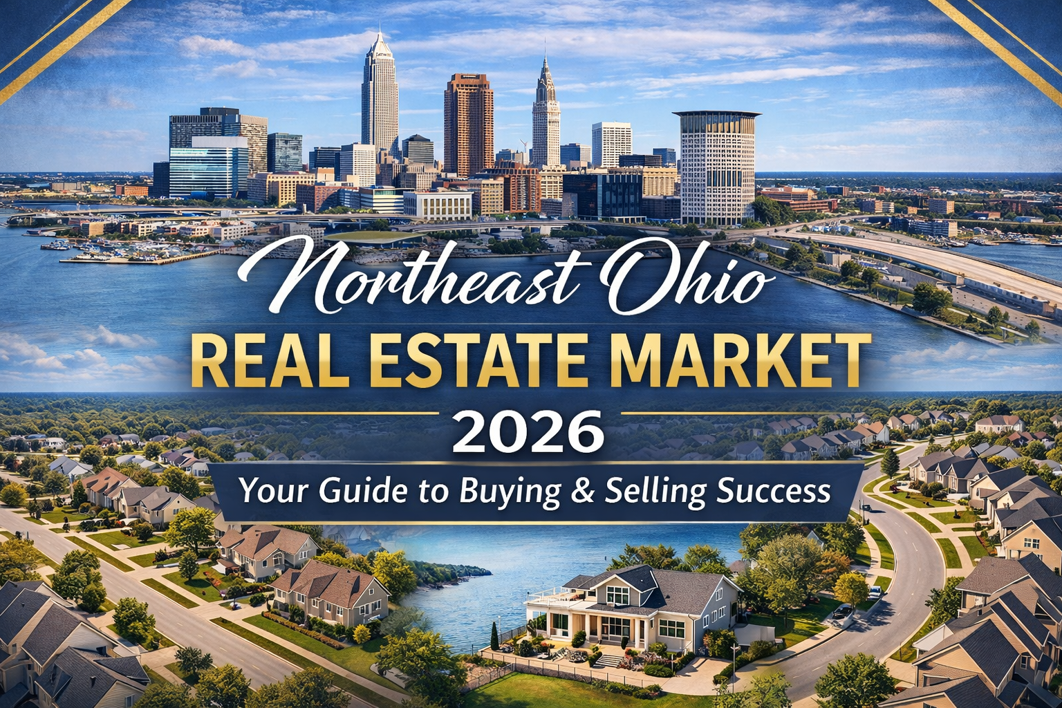 Northeast Ohio 2026 real estate market guide showing Cleveland skyline, suburban neighborhoods, and lakefront properties