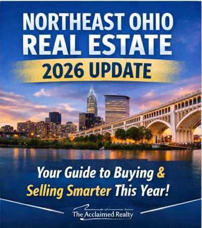 Northeast Ohio Real Estate 2026 Update carousel cover showing market trends, buyer and seller tips, and seasonal home buying/selling insights with Acclaimed Realty branding.