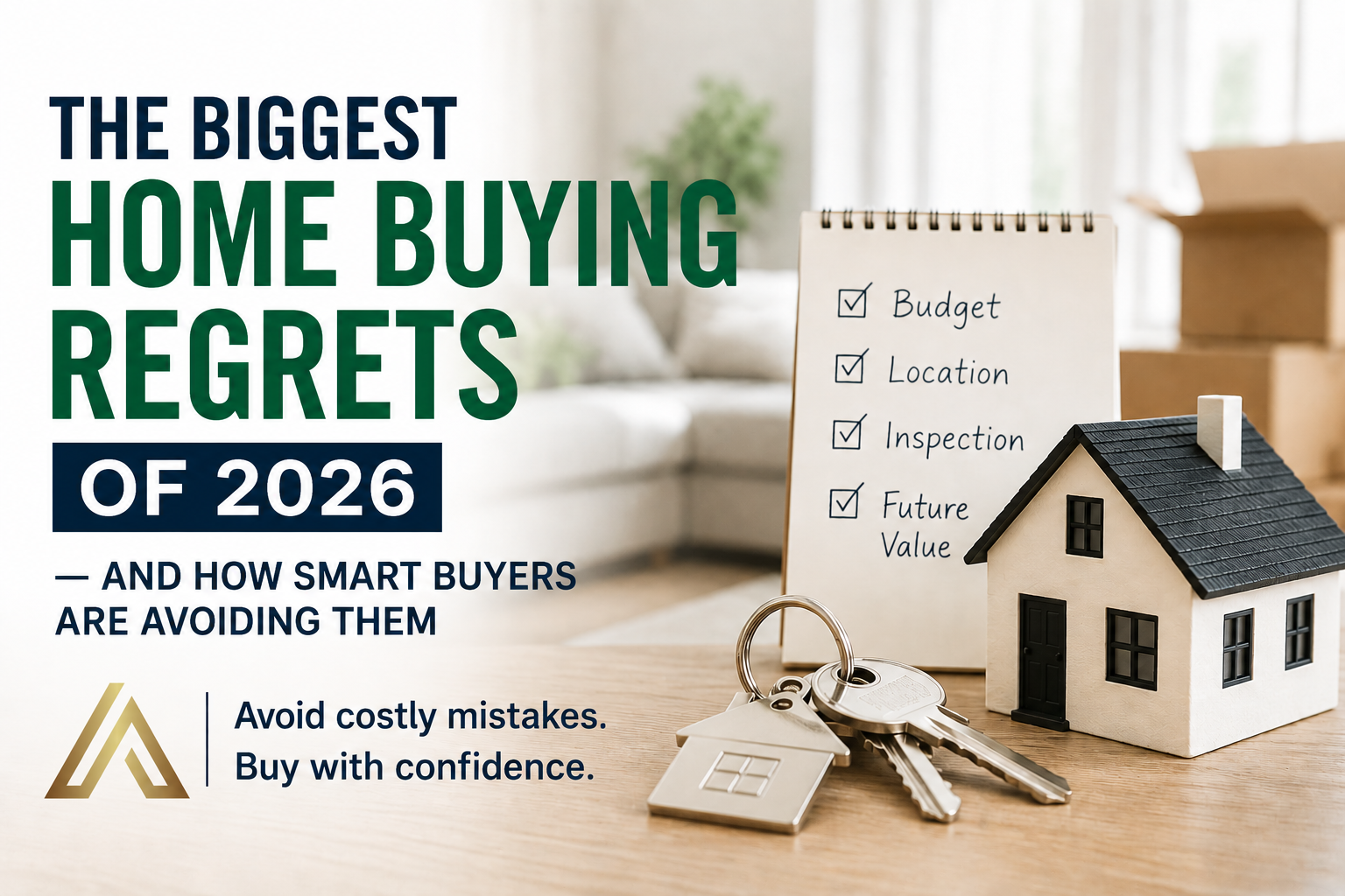 Featured image for a 2026 home buying advice blog showing a modern real estate marketing graphic with the headline “The Biggest Home Buying Regrets of 2026 — And How Smart Buyers Are Avoiding Them.” The image includes a home buying checklist with budget, location, inspection, and future value considerations beside a model house and house keys on a wooden table in a bright living room setting. Acclaimed Realty branding and contact information appear along the bottom. The graphic visually represents smart home buying strategies, avoiding costly real estate mistakes, and making confident home purchase decisions in the 2026 housing market.