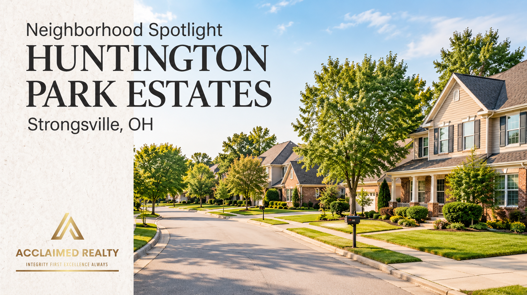Aerial view of Huntington Park Estates neighborhood in Strongsville, Ohio, showing established homes, residential streets, and mature surroundings